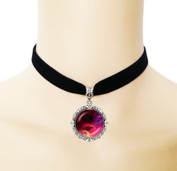 Red galaxy glass pendant necklace art picture pendant glass dome space nebula jewelry black ribbon jewelry choker neckless gifts